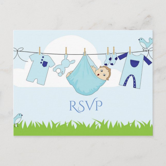 Postal RSVP de Baby Shower de Cuadrillo Verde Azul (Anverso)