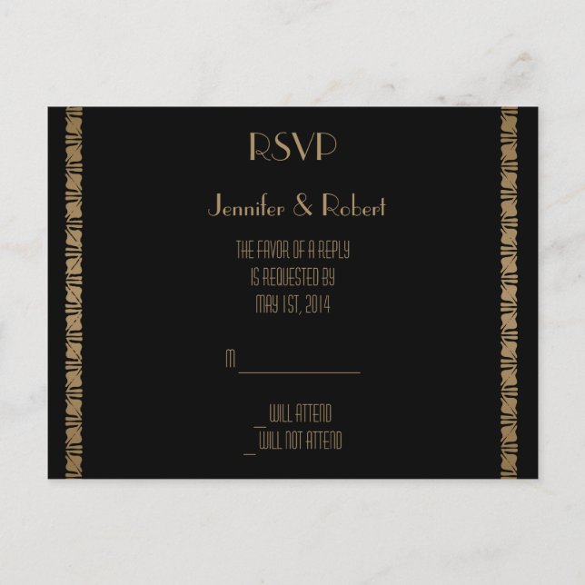 Postal RSVP de Black and Gold Art Deco Peacock (Anverso)