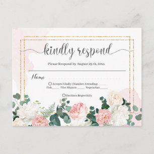 Postal RSVP de boda acuarela retro rosa y flores
