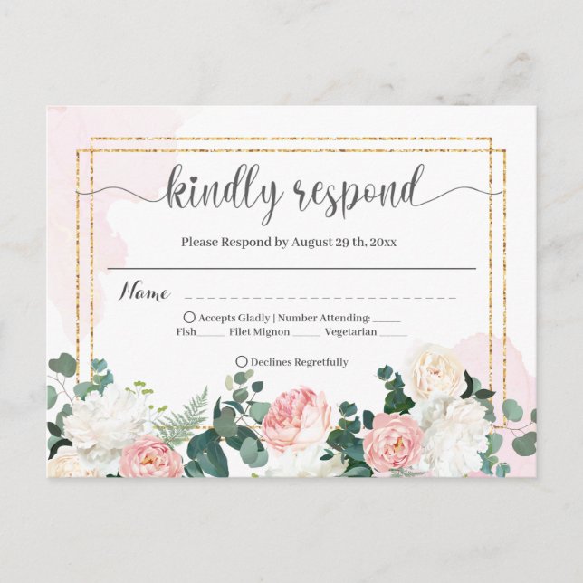 Postal RSVP de boda acuarela retro rosa y flores (Anverso)