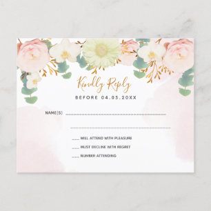 Postal RSVP de boda blanca de florines rosas de Rubor