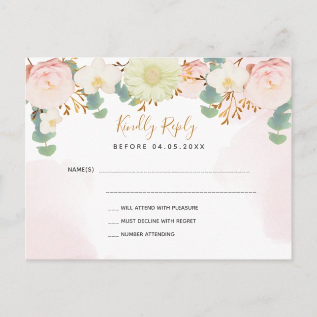 Postal RSVP de boda blanca de florines rosas de Rubor (Anverso)