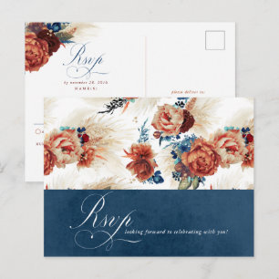 Postal RSVP de boda boho floral terracota azul marino