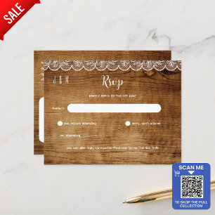 Postal RSVP de boda de encaje blanco de madera rústica -