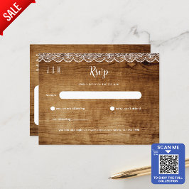 Postal RSVP de boda de encaje blanco de madera rústica -