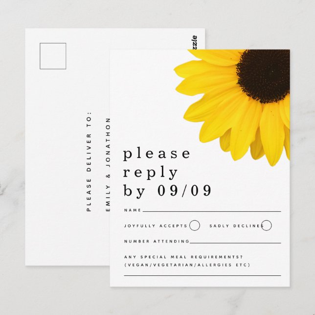 Postal RSVP de boda de girasol amarillo ruso (Anverso / Reverso)