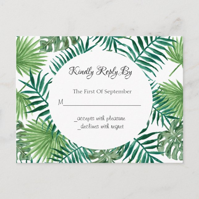 Postal RSVP de boda de palmas tropicales (Anverso)