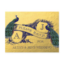 Postal RSVP de boda de pavo real de Relieve metali