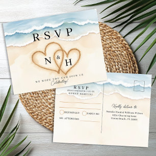 Postal RSVP de boda de playa con diseño de corazón