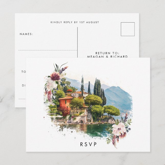 Postal rsvp de boda de verano en el lago Como Ital (Anverso / Reverso)