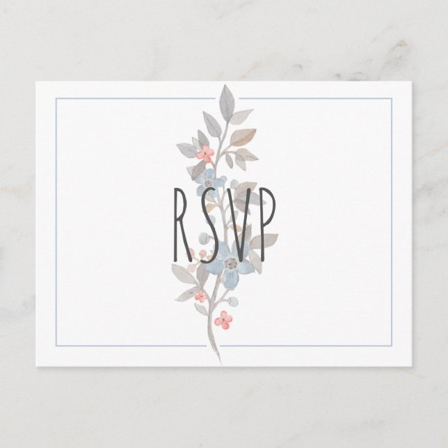 Postal RSVP de Boda Floral Azul Botánica (Anverso)