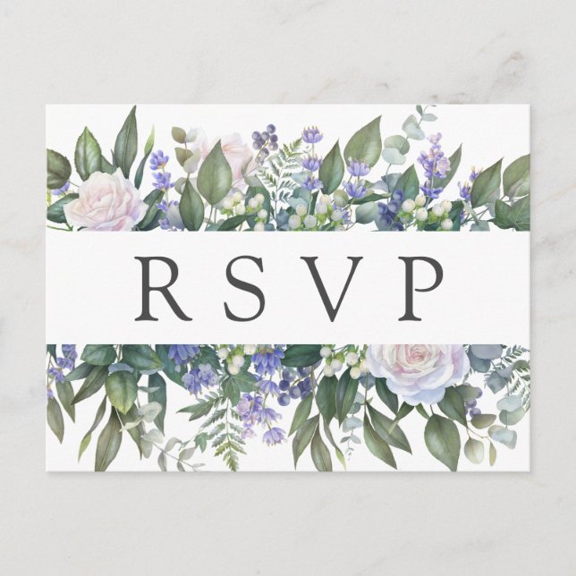 Postal RSVP de boda floral azul rosa blanco (Anverso)