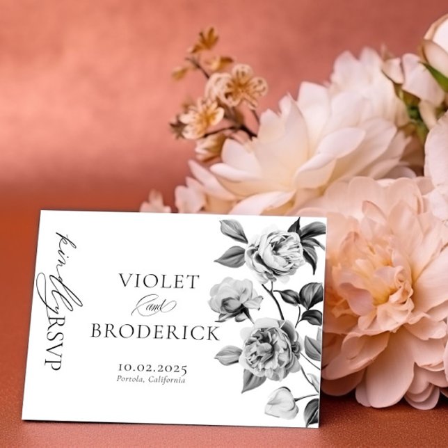 Postal RSVP de boda floral blanca y negra (Subido por el creador)