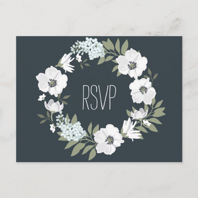 Postal RSVP de Boda Floral con guirnalda blanca (Anverso)