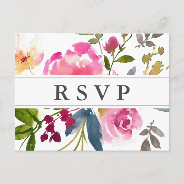 Postal RSVP de boda floral rosa de moda (Anverso)