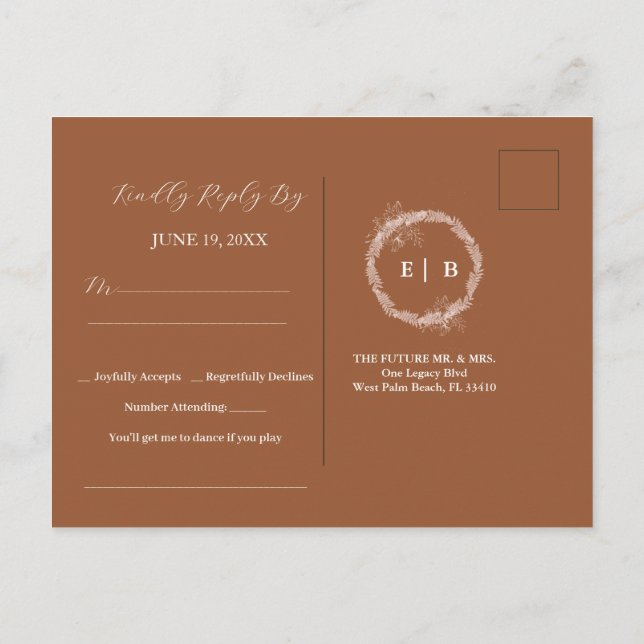 Postal RSVP de boda minimalista quemada en terraco (Reverso)