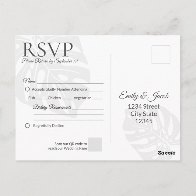 Postal RSVP de boda moderna. Playa de Palm Leaf (Reverso)