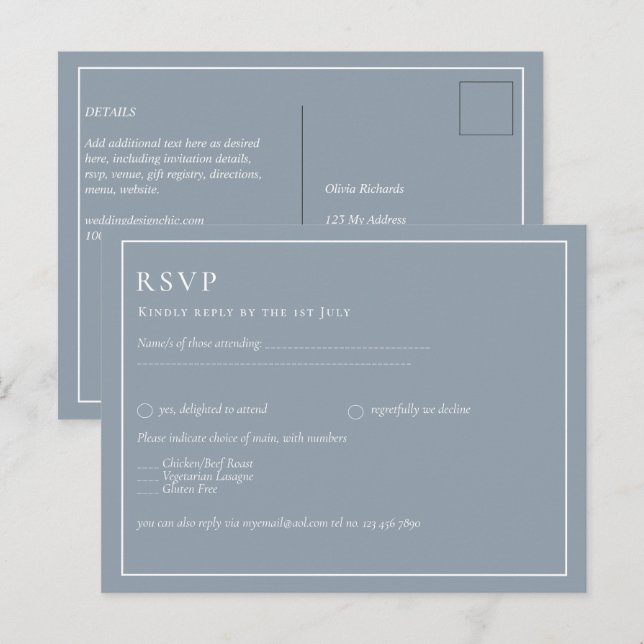 Postal RSVP de boda monocromática azul turbulenta (Anverso / Reverso)
