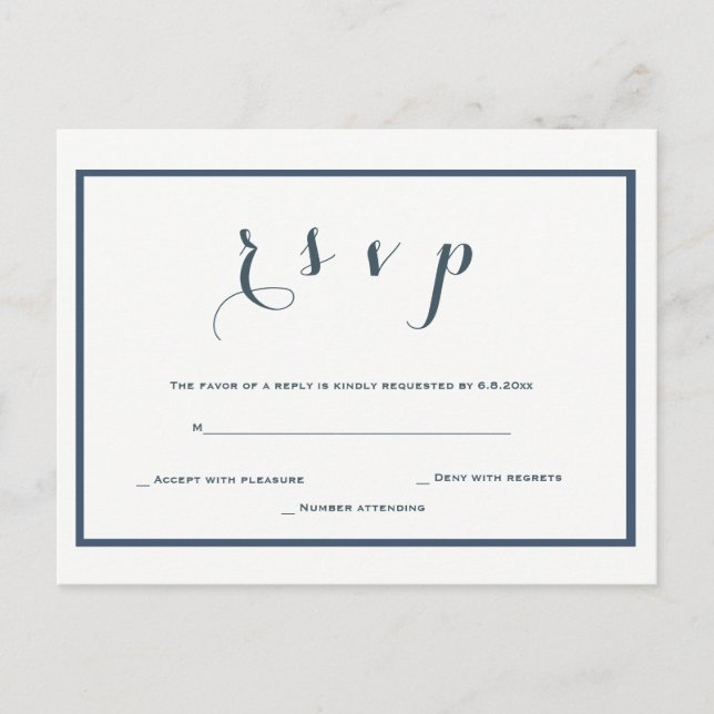 Postal rsvp de boda naval con frontera azul (Anverso)