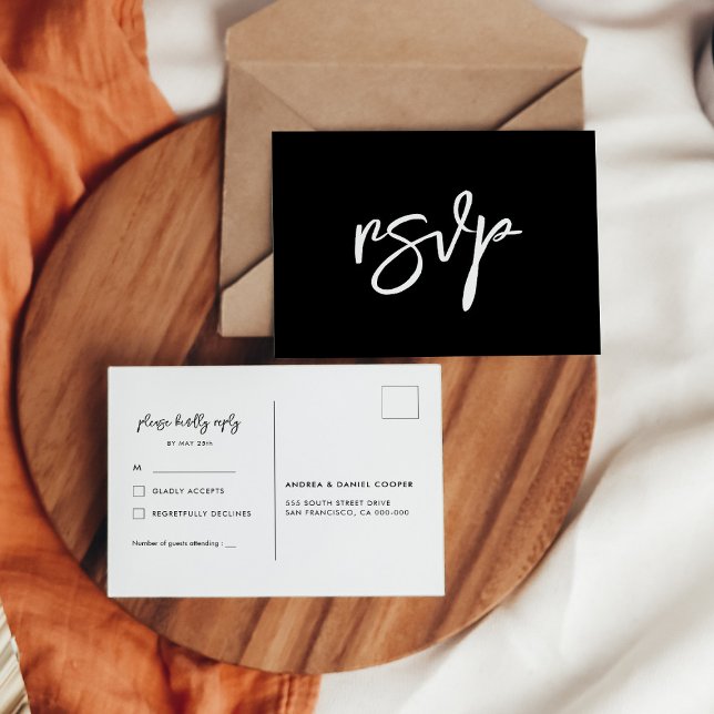 Postal RSVP de boda negra moderna y contemporánea (Subido por el creador)