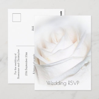Postal RSVP de boda personalizada con la rosa blanca
