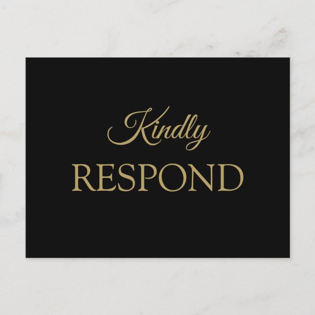Postal RSVP de Boda Romántica Negra y Oro (Anverso)