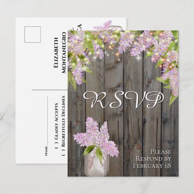 Postal RSVP de Bodas con Lilas Rústicas con Madera de Gra (Anverso / Reverso)