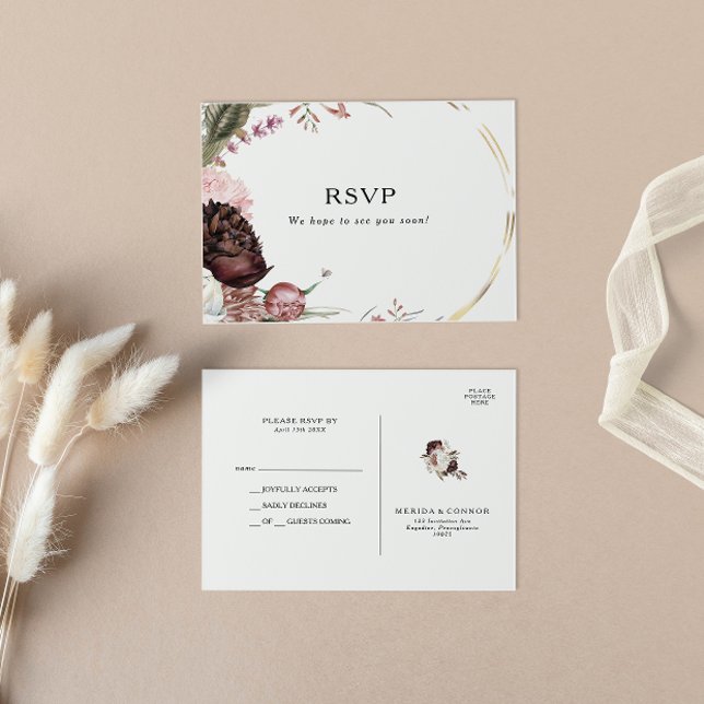 Postal RSVP de Boho Borgoña Floral Wedding (Subido por el creador)