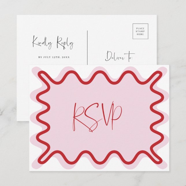 Postal RSVP de borde rosa rojo ondulado (Anverso / Reverso)