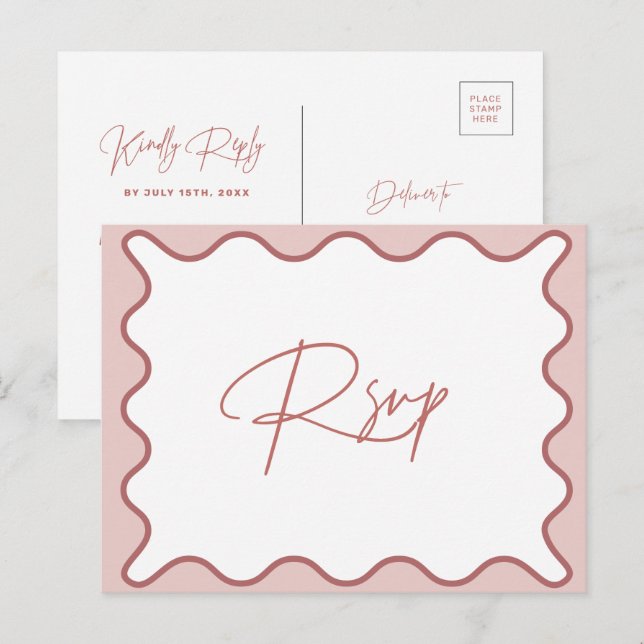 Postal RSVP de borde rosa y blanco ondulado (Anverso / Reverso)
