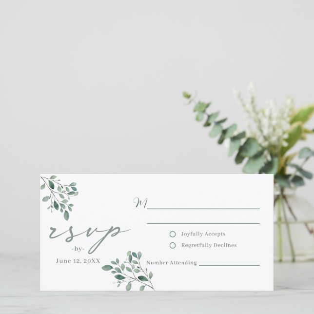 Postal RSVP de la boda de Eucalyptus Sage Watercol (Anverso de pie)