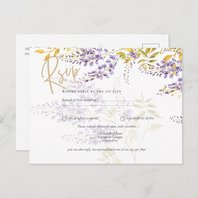 Postal RSVP de la Boda de Oro Lilac Purple Wisteri (Anverso / Reverso)