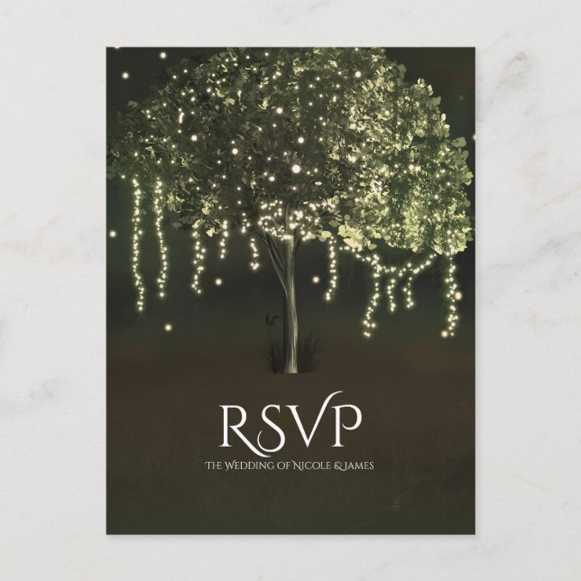 Postal RSVP de la boda de un árbol iluminado por u (Anverso)