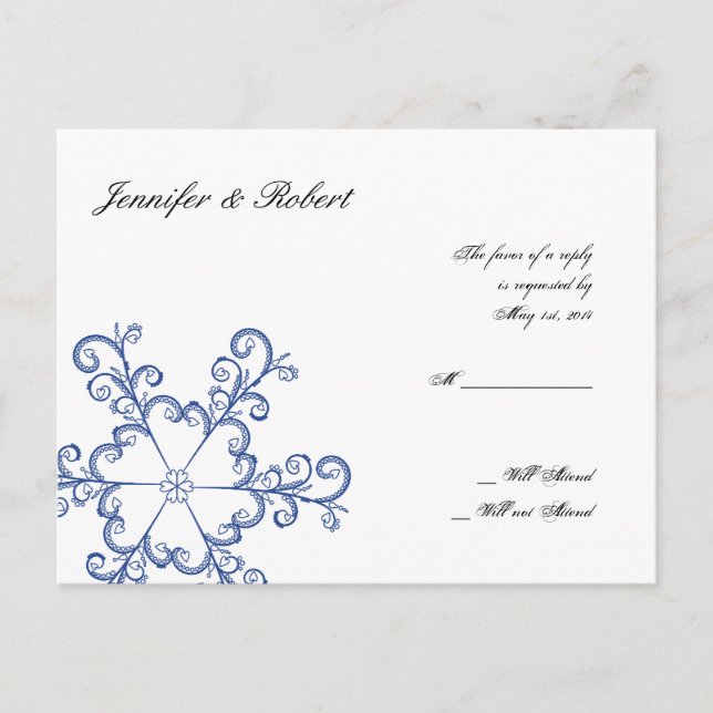 Postal RSVP de la boda del copo de nieve del coraz (Anverso)