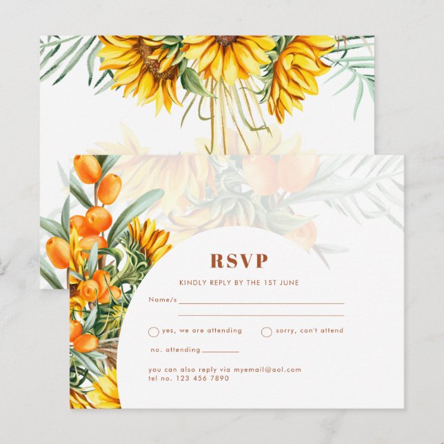 Postal RSVP de matrimonio floral de girasoles ruso (Anverso / Reverso)