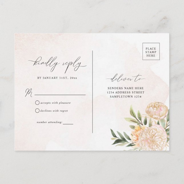 Postal RSVP de Peony y Flores de Relieve metalizado dorad (Reverso)