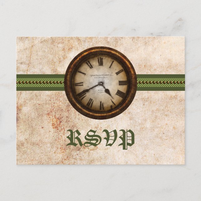 Postal RSVP de reloj antiguo, verde (Anverso)