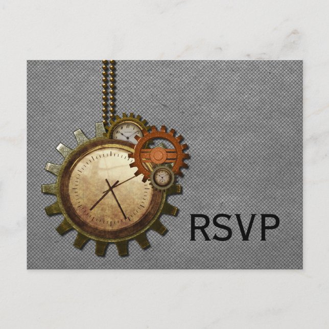 Postal RSVP de reloj de vintage, gris (Anverso)