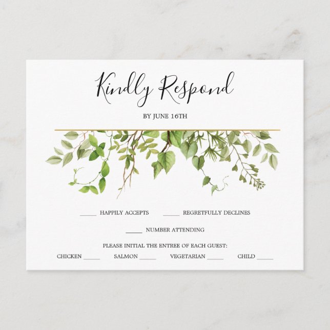 Postal RSVP de Woodland Greenery Wedding (Anverso)