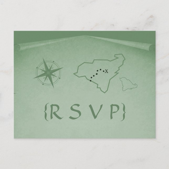 Postal RSVP del mapa del tesoro, verde (Anverso)