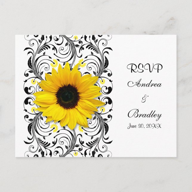 Postal RSVP floral de girasol blanco y negro (Anverso)