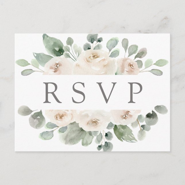 Postal RSVP floral de rosa blanca con elección de  (Anverso)