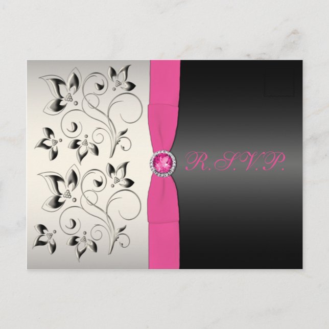 Postal RSVP floral rosa y negra (Anverso)