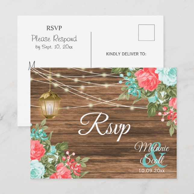 Postal RSVP -Madera, Farol y Azul verdoso, Boda floral de (Anverso / Reverso)