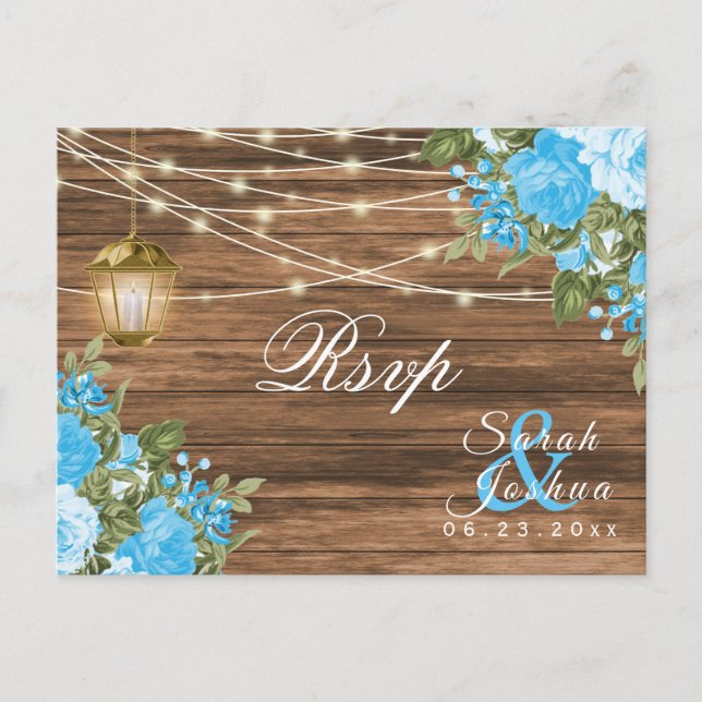 Postal RSVP - Madera, faroles y flor azul bebé (Anverso)