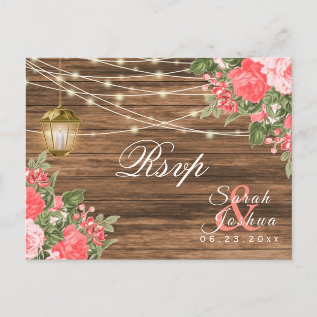 Postal RSVP - Madera, Faroles y Flor de Coral (Anverso)