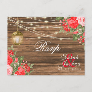 Postal RSVP - Madera, Faroles y Flor Roja