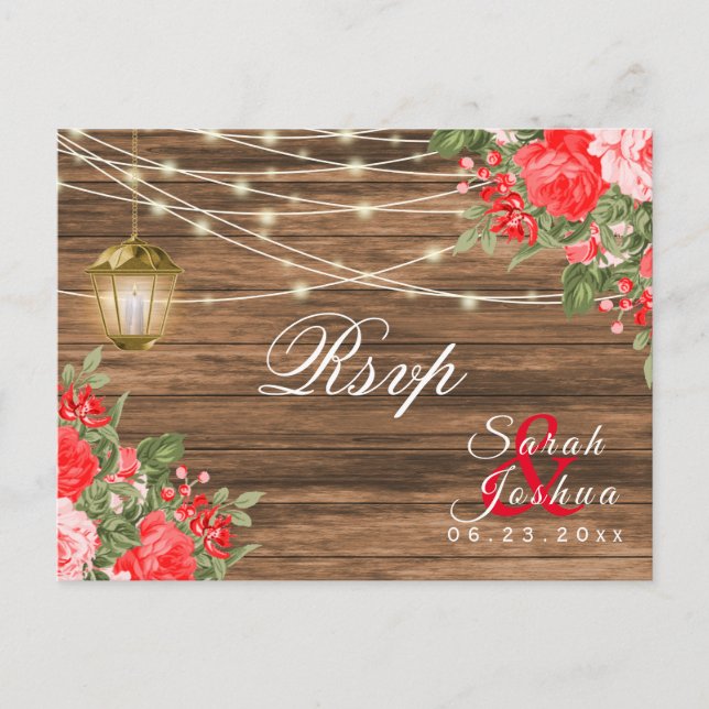 Postal RSVP - Madera, Faroles y Flor Roja (Anverso)
