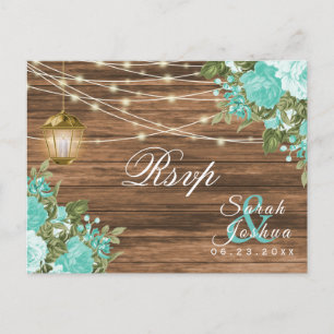Postal RSVP - Madera, farolillos y flores Verde azuladas