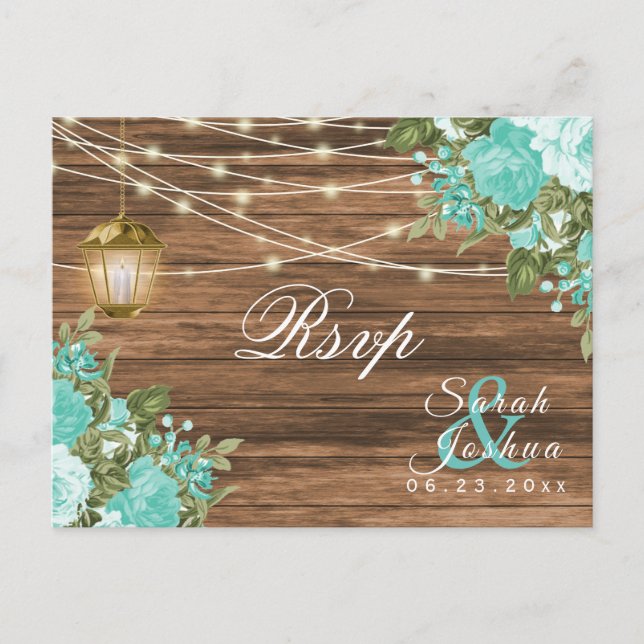 Postal RSVP - Madera, farolillos y flores Verde azuladas (Anverso)